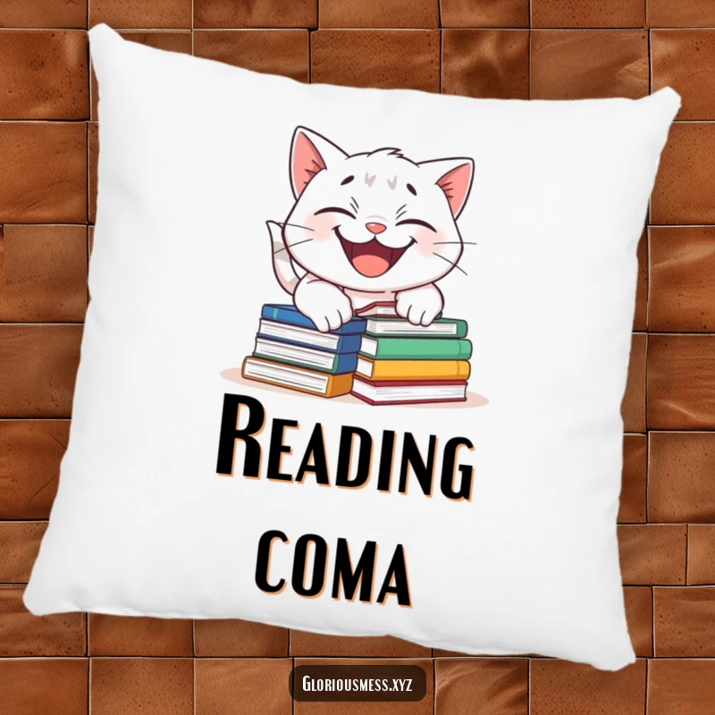 Funny pillow featuring a mischievous grinning cat tripping over a pile of books, adding a humorous touch to any cozy space.