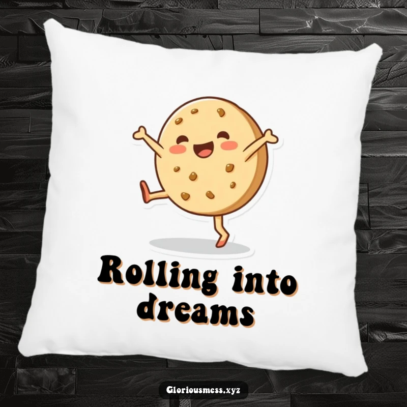 Funny pillow featuring a happy, lopsided cookie joyfully performing a cartwheel, bringing comfort and a sweet touch.
