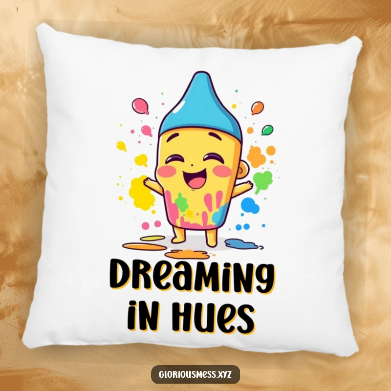 Funny pillow featuring a giggling crayon character joyfully smearing bright colors, bringing comfort and artistic fun.