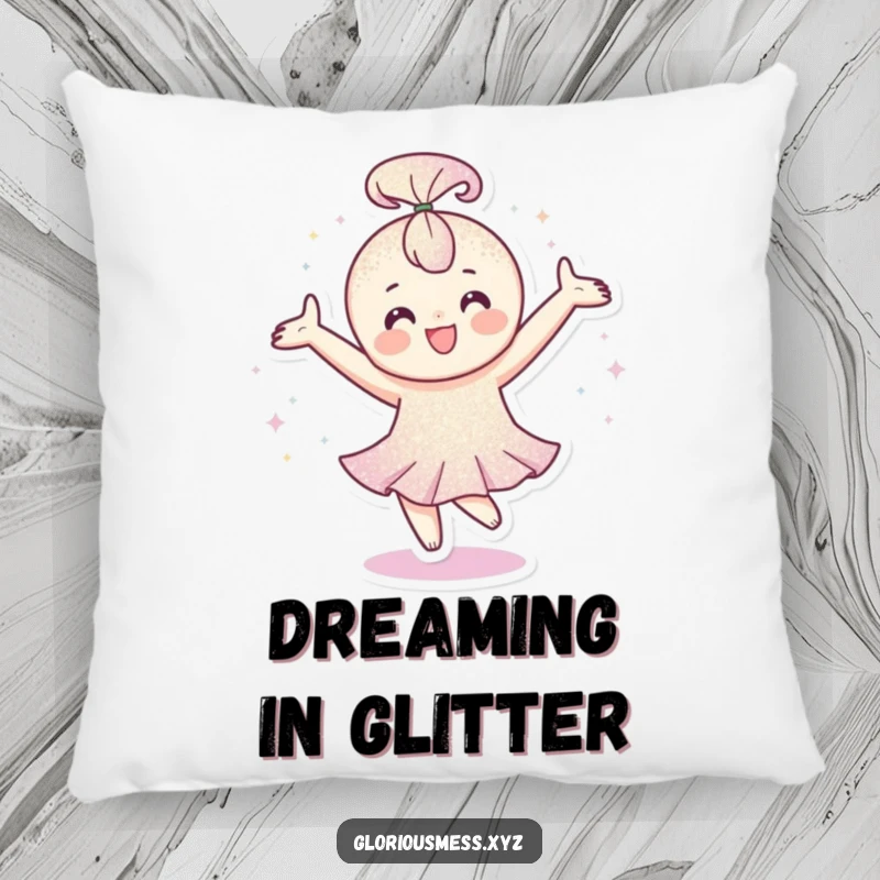 Funny Pillow: Happy character covered in glitter spinning with arms outstretched, designed for comfort and a funny gift.