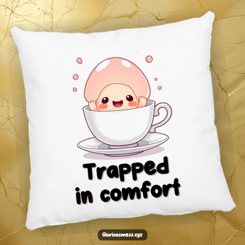 Funny pillow featuring a sentient jelly blob hilariously attempting escape from a small teacup, offering soft and humorous comfort.