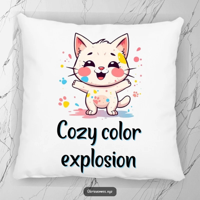 Funny pillow showcasing a giggling, messy paint splatter character with colorful paw prints, offering cozy comfort and playful humor, a great funny gift.