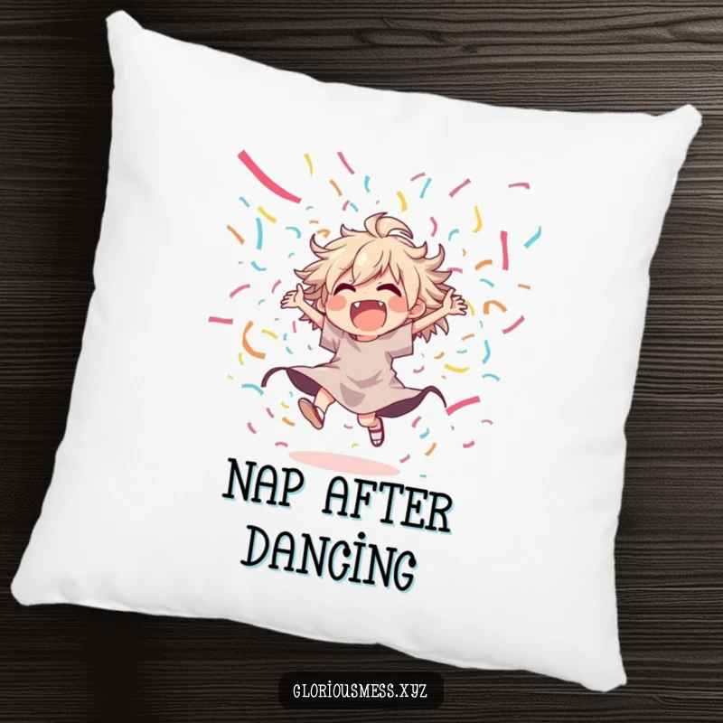 Funny pillow featuring a joyful, disheveled character dancing wildly amidst a cascade of colorful streamers, perfect for festive comfort.