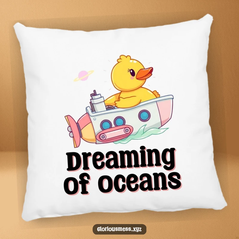 Funny pillow featuring a rubber duck piloting a submarine through a bathtub nebula, offering soft and humorous comfort.
