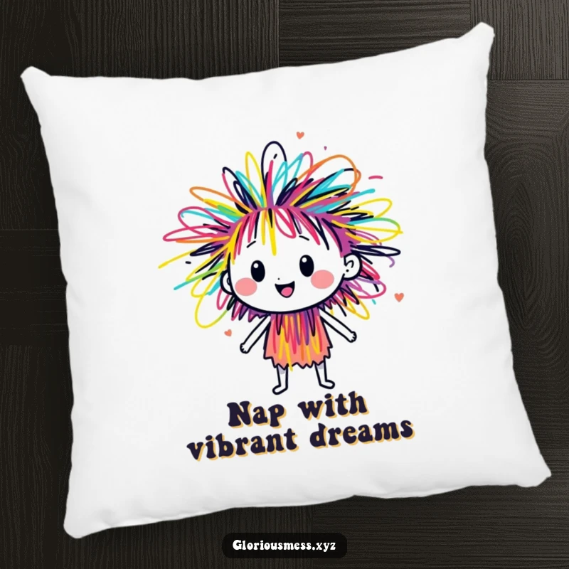 Funny scribble character bursting with colorful energy, a soft decorative pillow that adds artistic and humorous flair to any room.