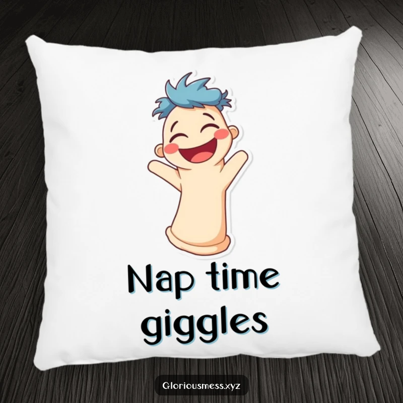 Funny decorative pillow with a smiling sock puppet character wiggling uncontrollably with laughter.