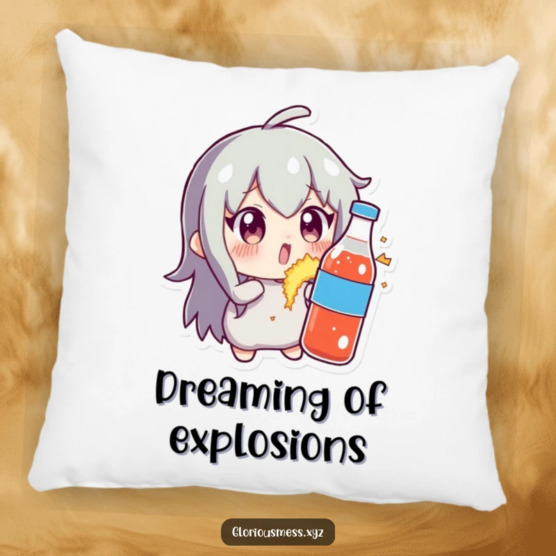 Funny pillow with a character wide-eyed in comedic terror as a soda bottle erupts, depicting a soft, huggable moment of bubbly disaster.