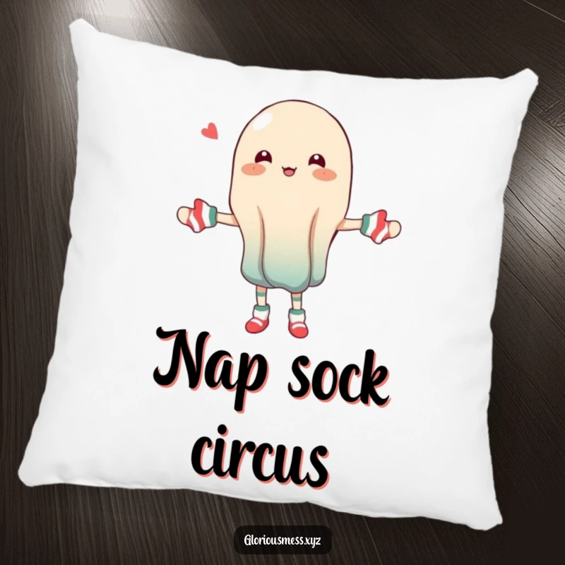 Funny decorative pillow with a wobbly jelly character hilariously juggling mismatched socks.