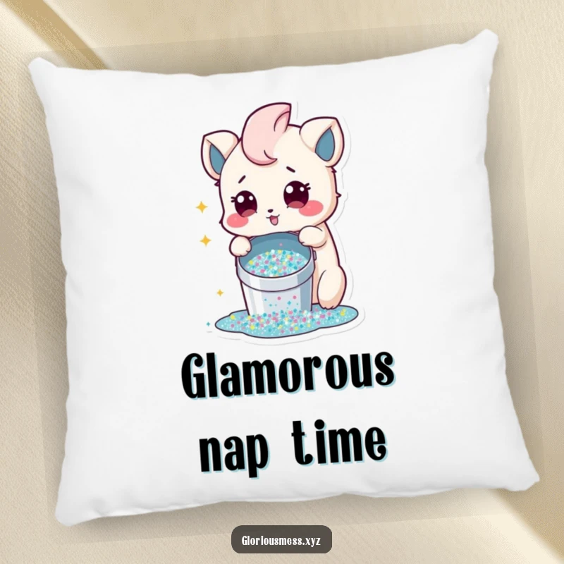 Funny Pillow showcasing a creature with innocent surprise surrounded by a joyful spill of glitter, perfect for cozying up.