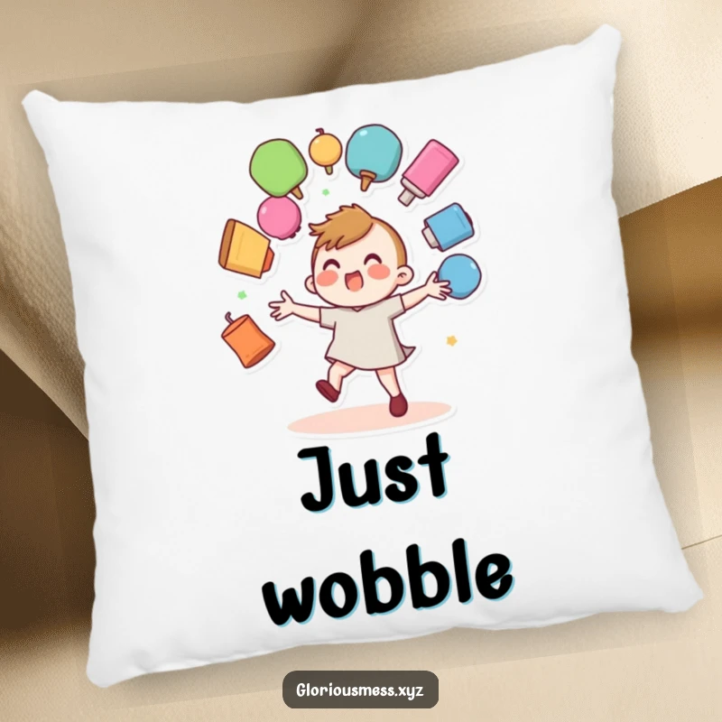 Funny pillow featuring a wobbly character struggling with juggling multiple colorful objects that are about to fall.