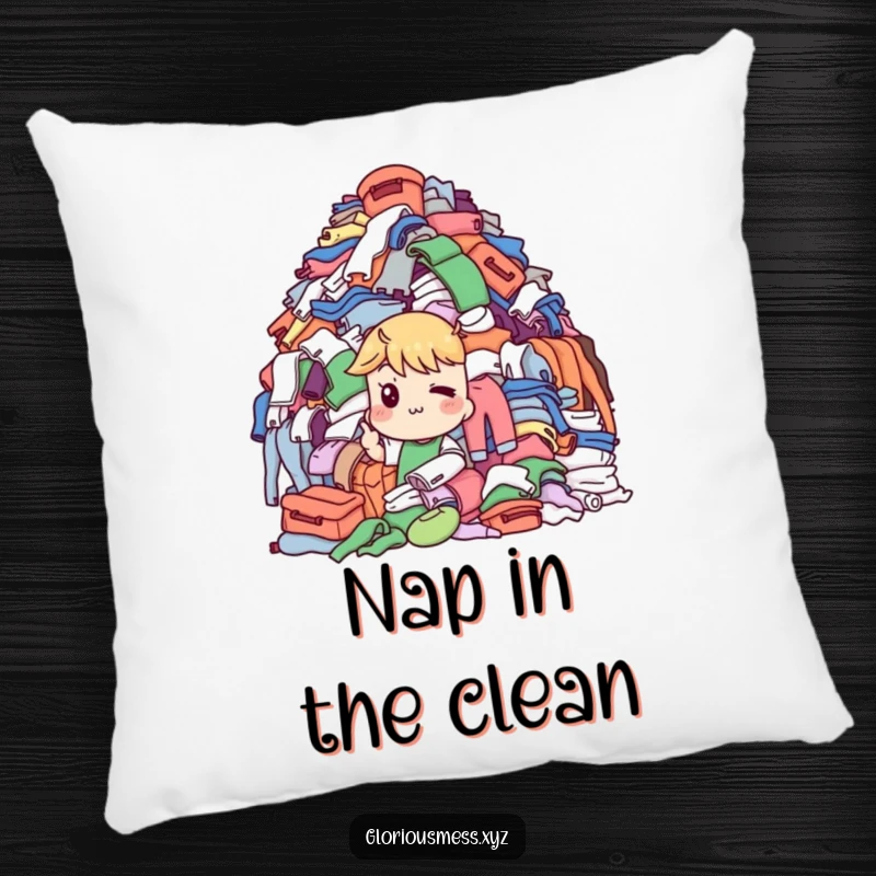 Funny Pillow: Character with a knowing wink points to a laundry pile, designed for comfort and a funny gift.