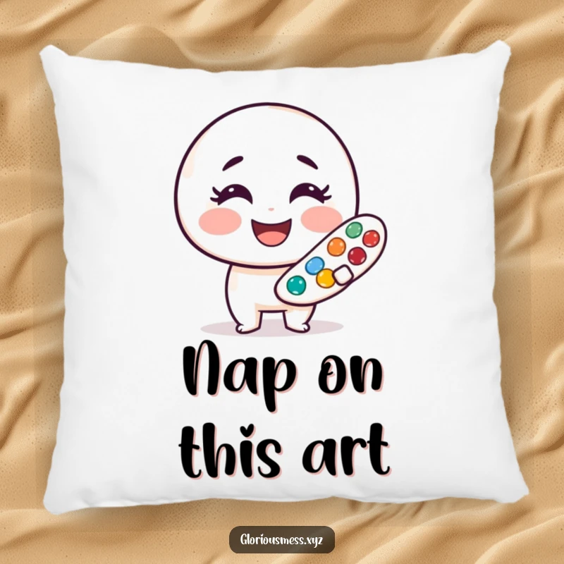 Funny pillow showcasing a cheerful, smudged paint palette character with a big grin, a cozy and humorous accent piece, great funny gift.