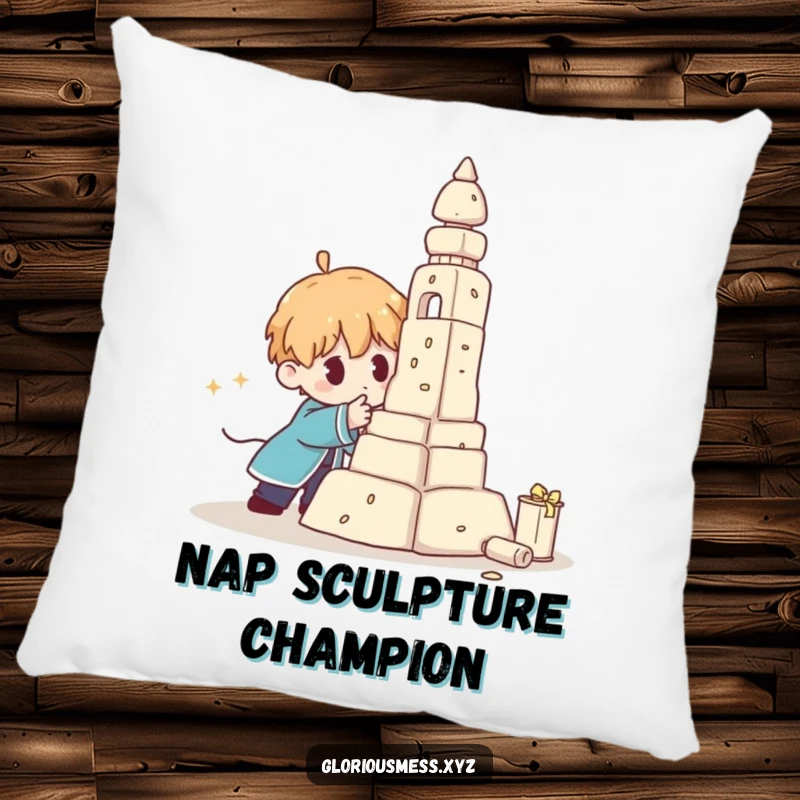 Funny Pillow featuring a character and their comically unstable, collapsing sculpture, offering comfort and humor.