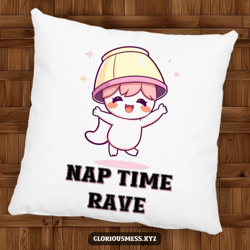 Funny pillow with a character wearing a lampshade, dancing enthusiastically, bringing soft, huggable party vibes and cheerful energy.