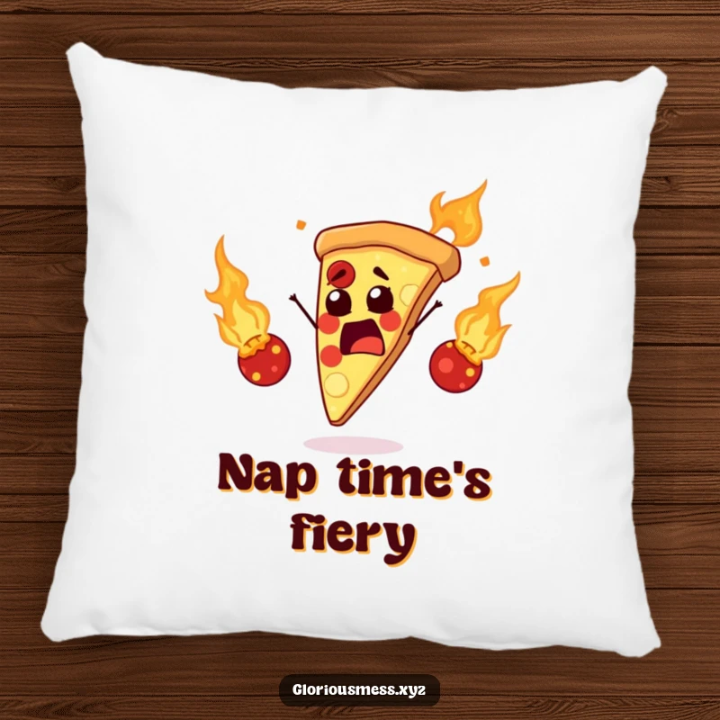 Funny pillow featuring a startled pizza slice juggling flaming meatballs, providing a humorous and soft decorative accent.
