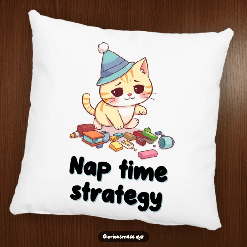 Funny pillow showcasing a confused cat in a silly hat, mid-trip over scattered items, perfect for adding humor to home decor.