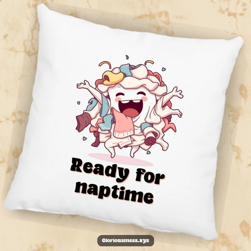 Funny Pillow: A sentient pile of laundry humorously doing a wild, energetic, chaotic dance, perfect for soft home decor.