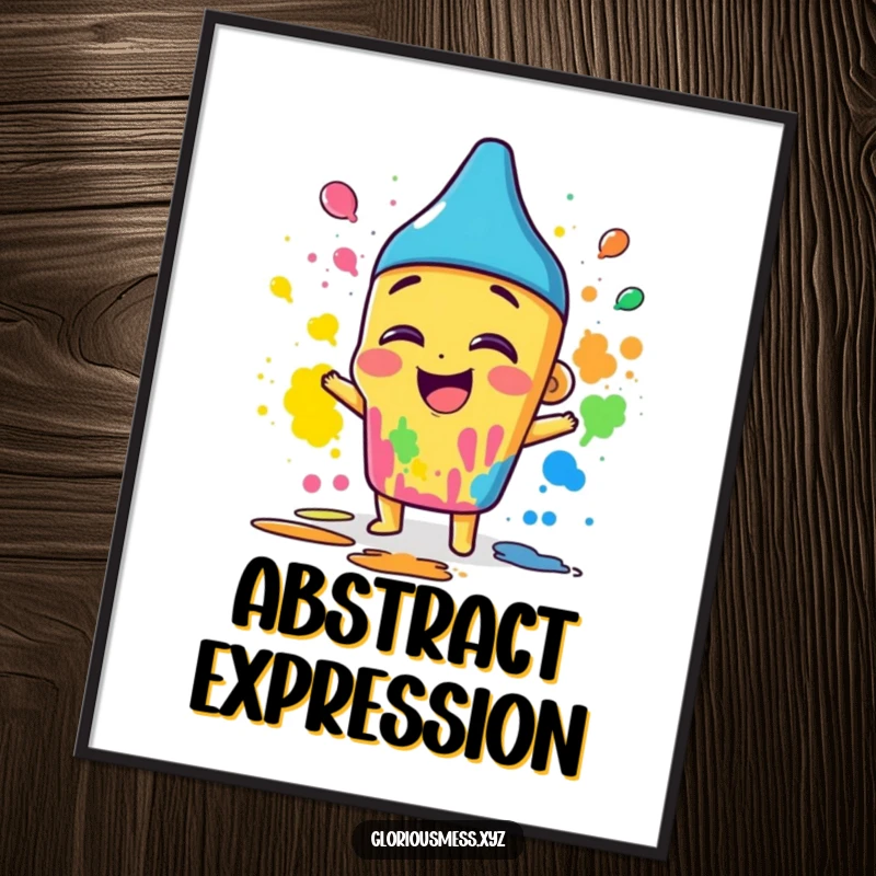 Funny digital art print of a giggling crayon character wildly smearing a spectrum of colors, perfect for instant artistic decor.