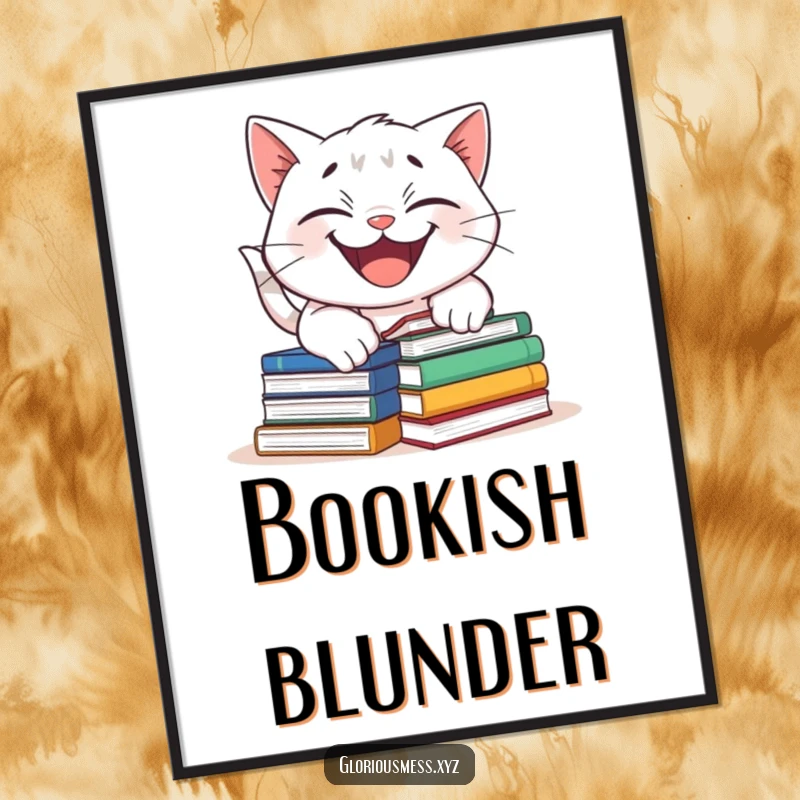 Funny digital art print of a grinning cat tripping over a pile of books, capturing a moment of humorous literary chaos.