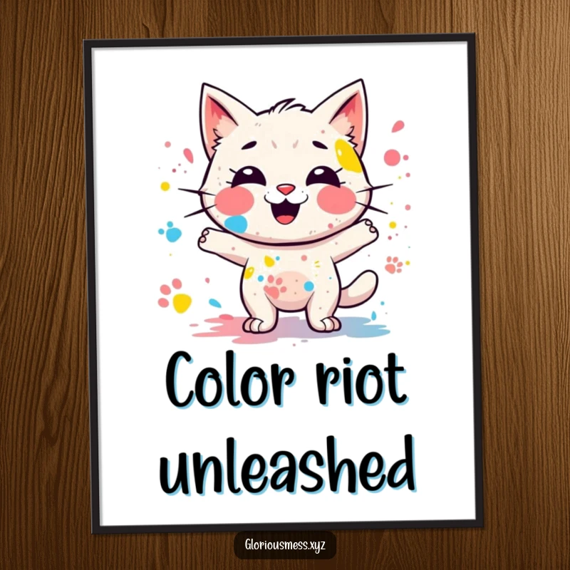 Funny digital art print of a giggling, messy paint splatter character leaving colorful paw prints, perfect for vibrant wall decor, great funny gift.