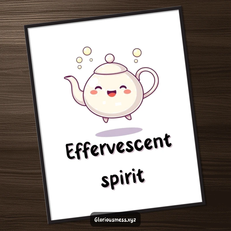 Funny digital art print of a dancing teapot character spilling a stream of cheerful bubbles, celebrating joy and playful moments.