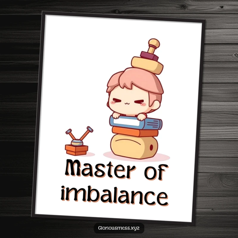 Funny Digital Art Print: Mischievous character balancing a huge teetering stack, a downloadable piece of funny art.