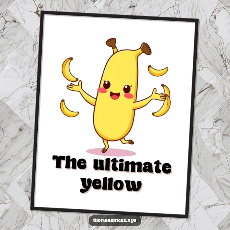 Funny digital art print of a happy, dancing banana character juggling smaller bananas, perfect for vibrant wall decor, great funny gift.