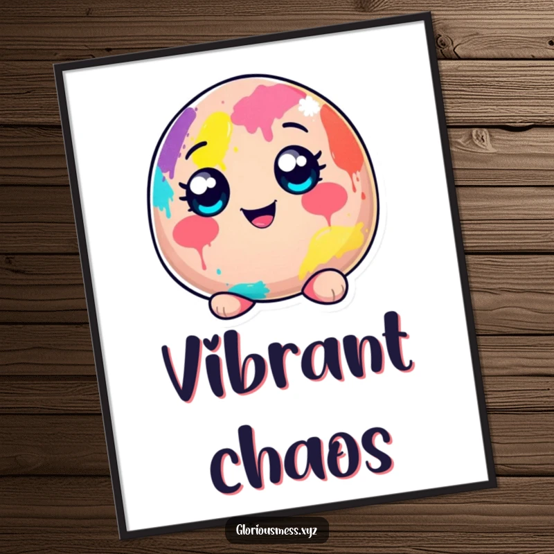 Funny digital art print of a cheerful, wide-eyed blob character completely covered in a playful, colorful paint splatter, ready for download.