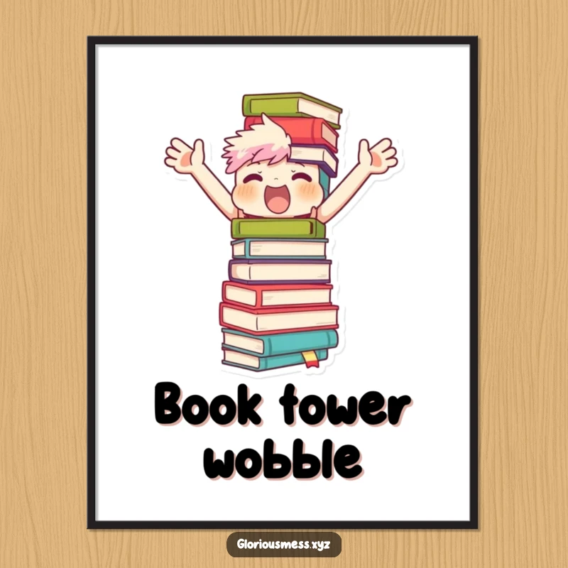 Funny digital art print of a character flailing their arms to balance an impossibly tall, teetering stack of books, a humorous depiction of a reader's challenge.