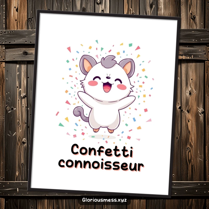 Funny Digital Art Print of a delighted creature in a spectacular confetti explosion, adding vibrant, humorous decor.