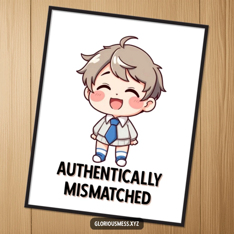 Funny Digital Art Print: Giggling character wearing mismatched socks and a crooked tie, a downloadable piece of funny art.