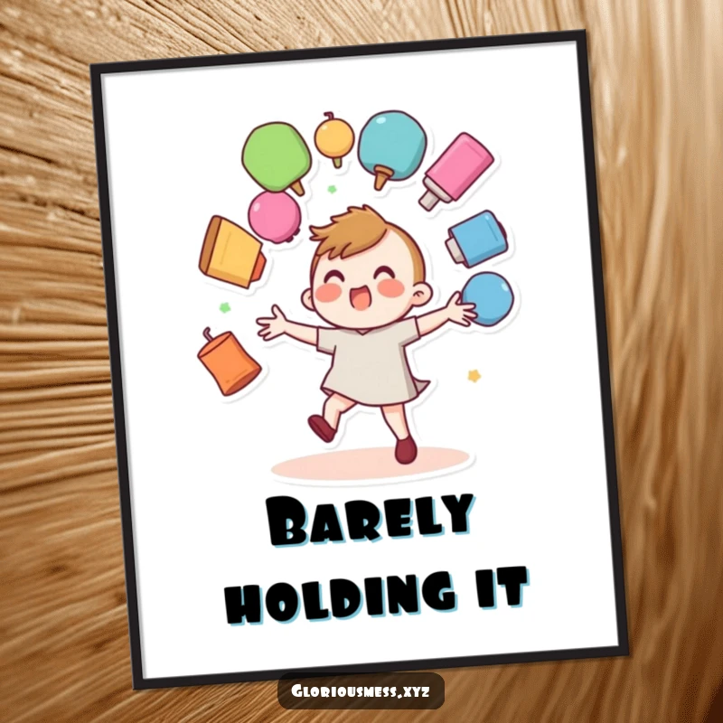 Funny digital art print of a wobbly character juggling multiple colorful objects that are about to fall.