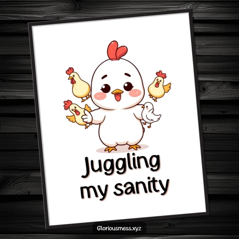 Funny Digital Art Print: Character with ink splatters juggling three rubber chickens, a downloadable piece of funny art.