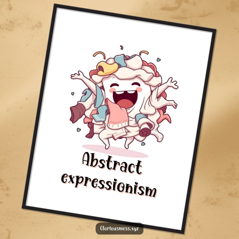 Funny Digital Art Print: A sentient pile of laundry humorously performing a wild, energetic, chaotic dance, ready to print.