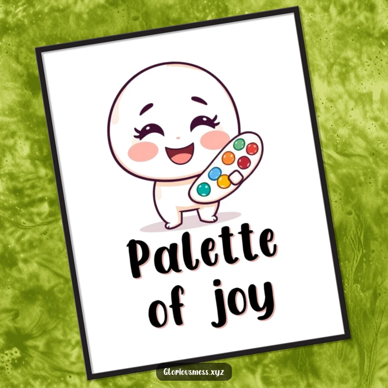 Funny digital art print of a cheerful, smudged paint palette character with a wide smile, perfect for instant wall decor, great funny gift.