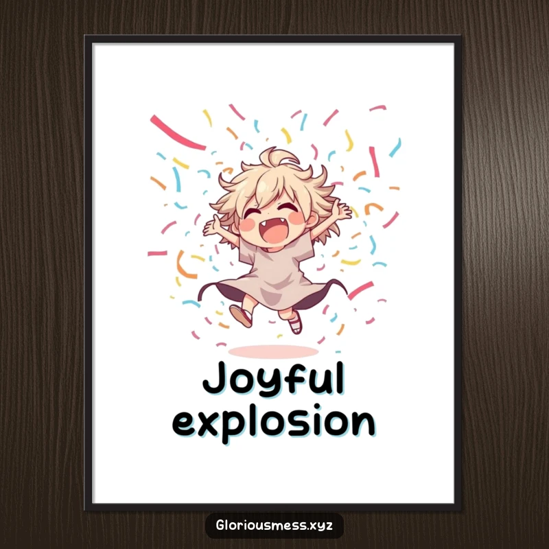 Funny digital art print of a joyful, disheveled character dancing wildly amidst a cascade of colorful streamers, ideal for instant decor.