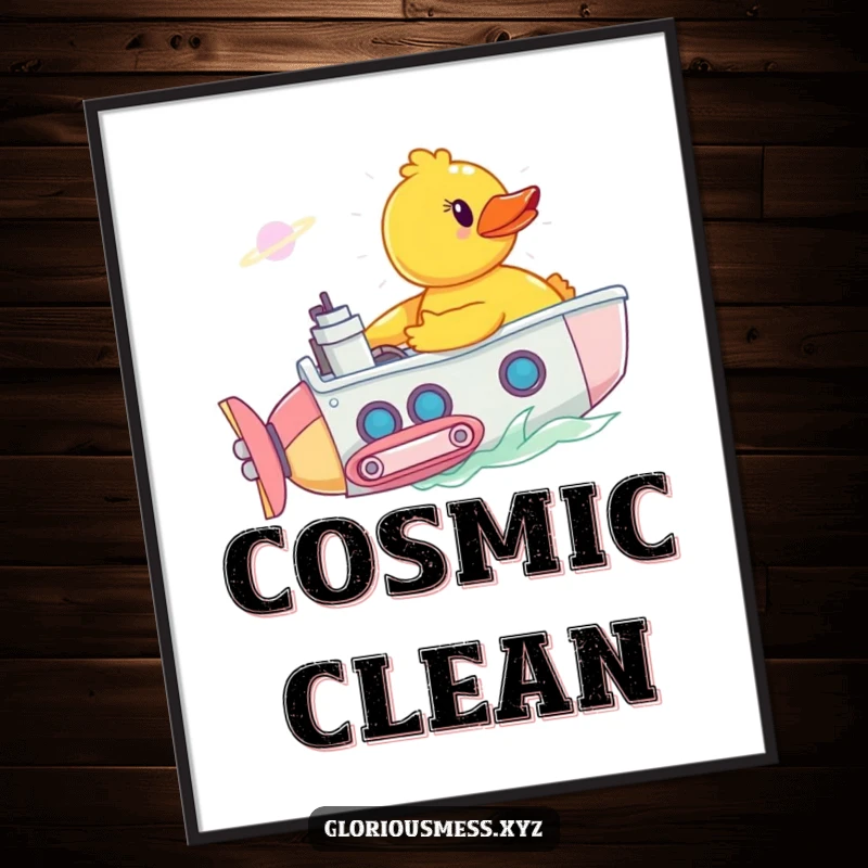 Funny digital art print of a rubber duck piloting a submarine through a bathtub nebula, a humorous and whimsical piece for wall decor.