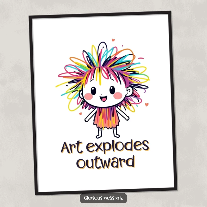 Funny sentient scribble character bursting with colorful energy, a digital art download featuring vibrant, artistic, and humorous illustration.