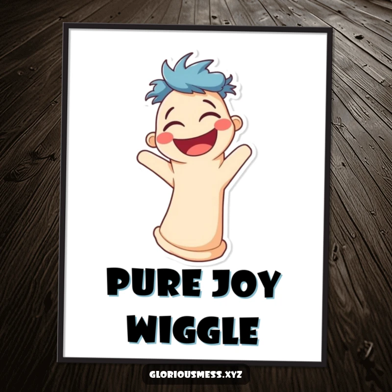 Funny digital art of a smiling sock puppet character wiggling uncontrollably with contagious laughter.