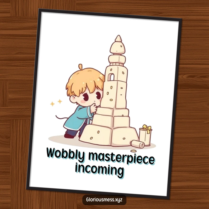 Funny Digital Art Print of a character struggling with a wobbly, collapsing sculpture, adding humorous artistic flair.