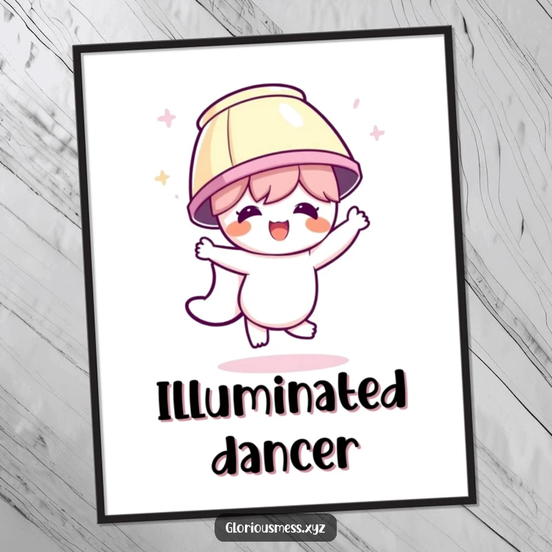 Funny digital art print of a character enthusiastically dancing with a lampshade on its head, radiating pure party joy and hilarious celebration.
