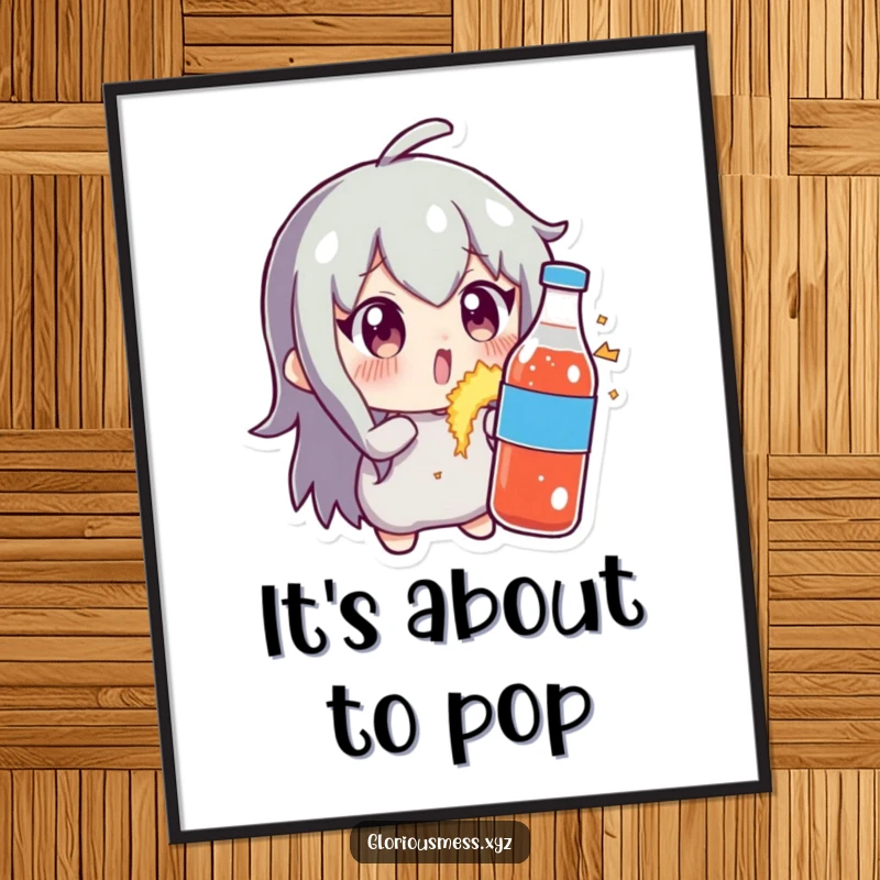 Funny digital art print of a character showing extreme surprise as a soda bottle explodes with fizzy delight, a humorous and eye-catching piece.