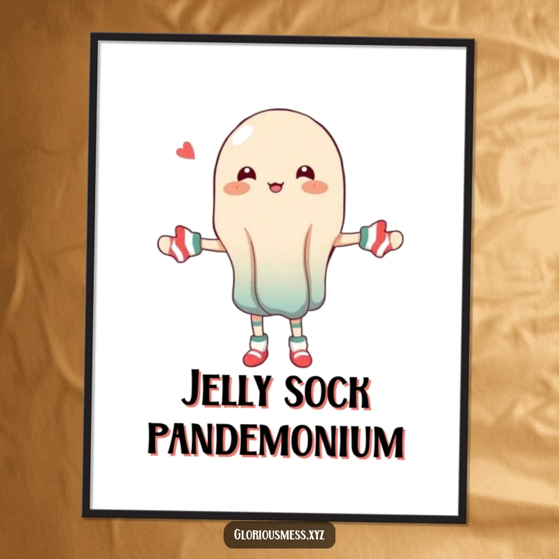 Funny digital art of a wobbly jelly character hilariously juggling mismatched socks.