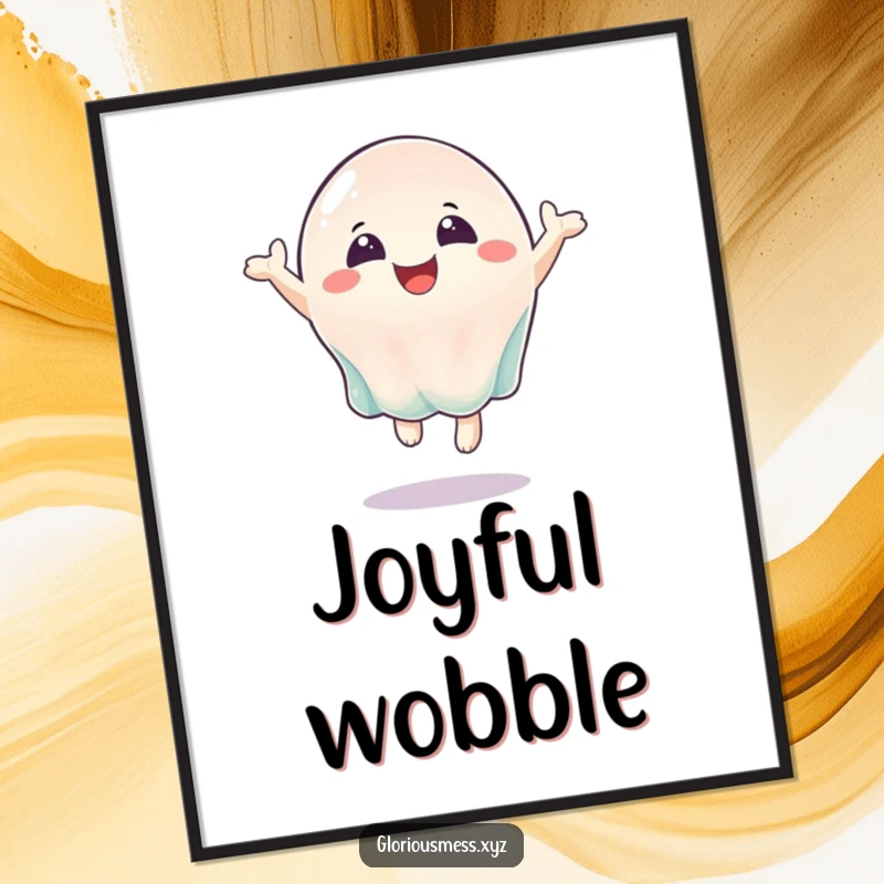 Funny digital art print of a wobbly jelly character bouncing with pure joy, offering instant cheerful decor.
