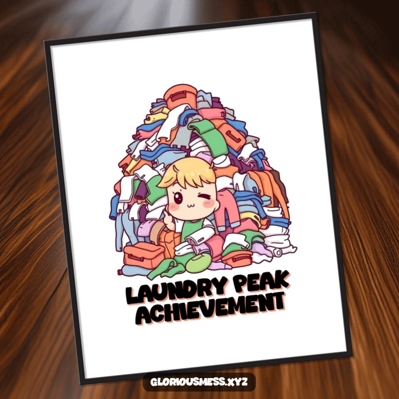 Funny Digital Art Print: Character with a knowing wink pointing to a huge pile of laundry, a downloadable piece of funny art.