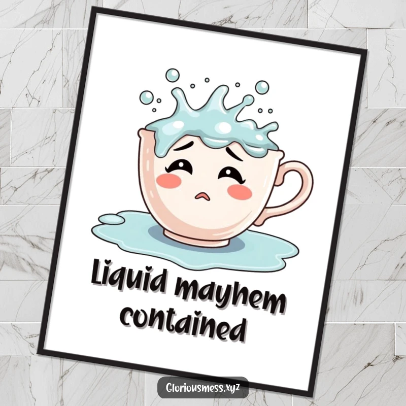 Funny confused teacup character overflowing with bubbling liquid, a digital art download featuring whimsical and humorous illustration.