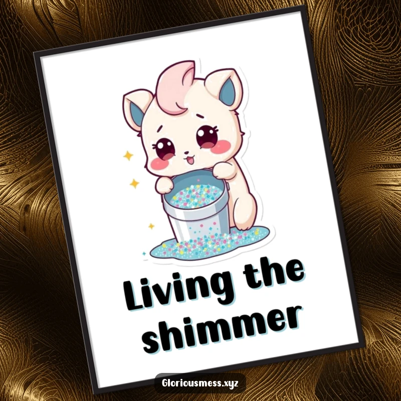 Funny Digital Art Print of a creature with innocent surprise amidst a glitter spill, adding whimsical and humorous decor.