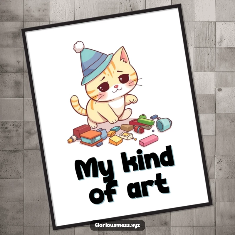Funny digital art print showing a confused cat wearing a silly hat tripping over scattered objects, perfect for instant humorous decor.