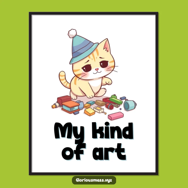 Funny Cat Digital Art: Humorous confused cat in a hat tripping, instant download