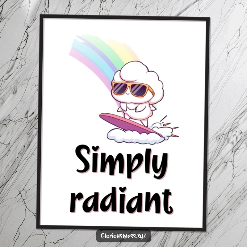 Funny digital art print of a cloud in sunglasses surfing a rainbow, a whimsical and cheerful piece for instant wall decor.